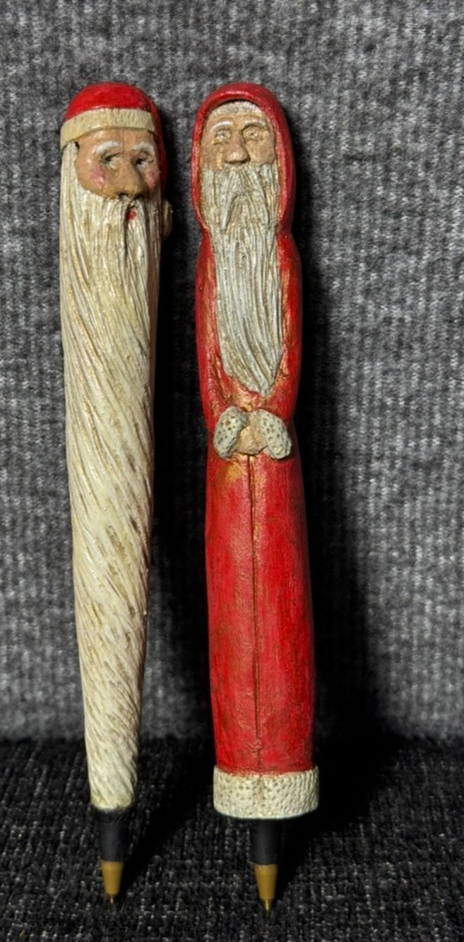 Wood Carved Santa - Long Skinny Pen Santa Claus Figurine